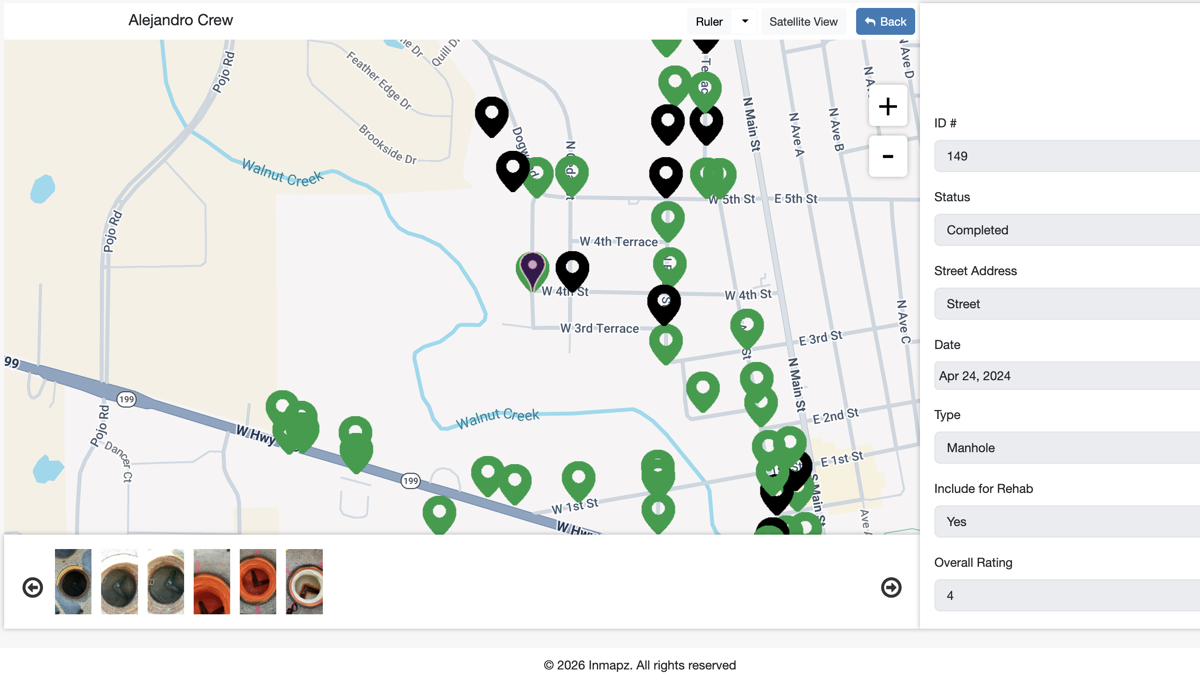 InMapz Auditor — GPS-accurate field inspection map showing equipment locations and crew routes