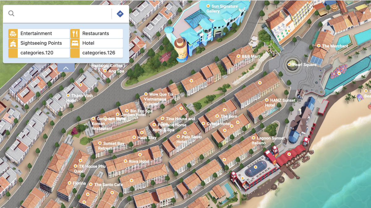 InMapz interactive 3D map showing resort area with hotels, restaurants and points of interest