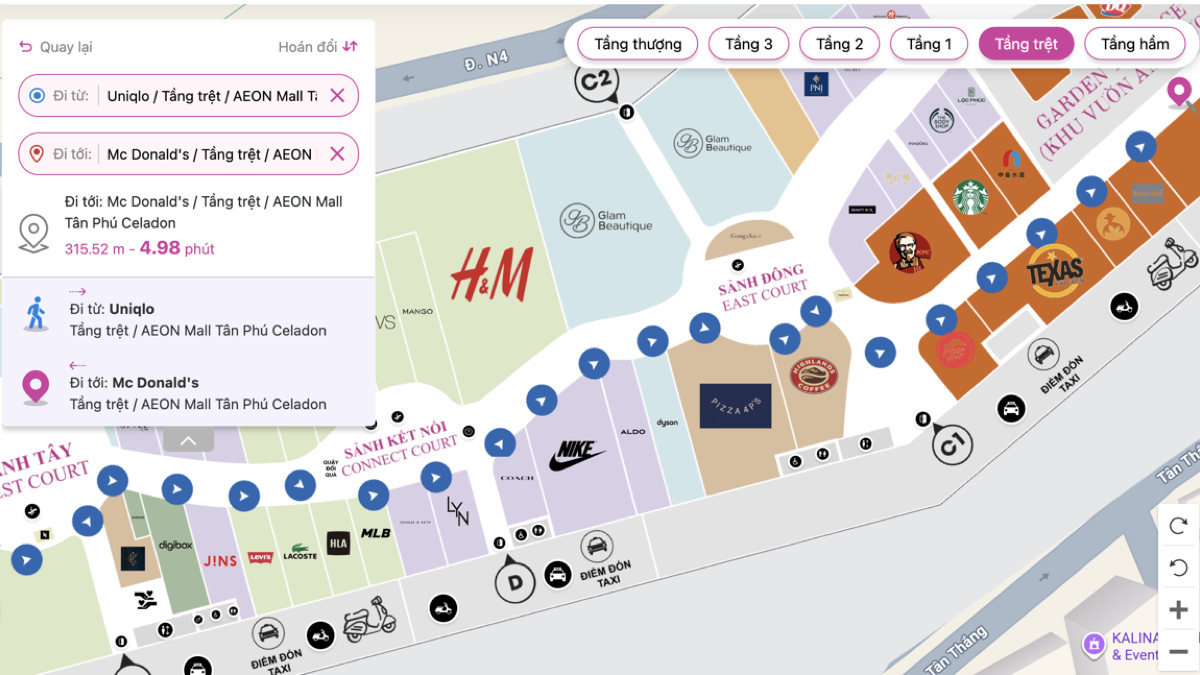 InMapz indoor mall map showing turn-by-turn wayfinding from Uniqlo to McDonald's at AEON Mall