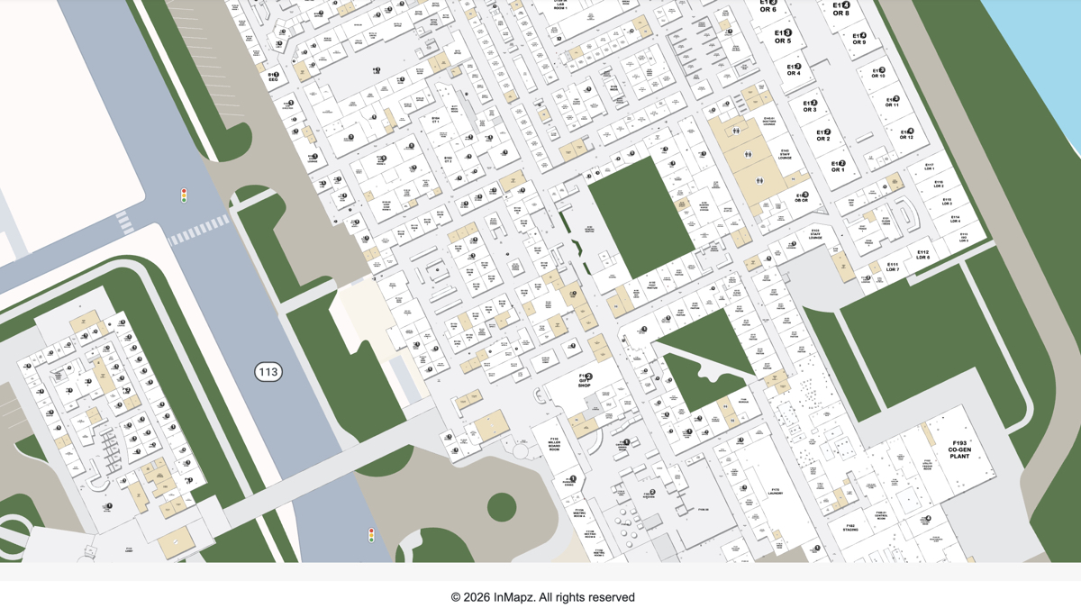 InMapz facilities map showing outdoor campus with labeled buildings and equipment locations