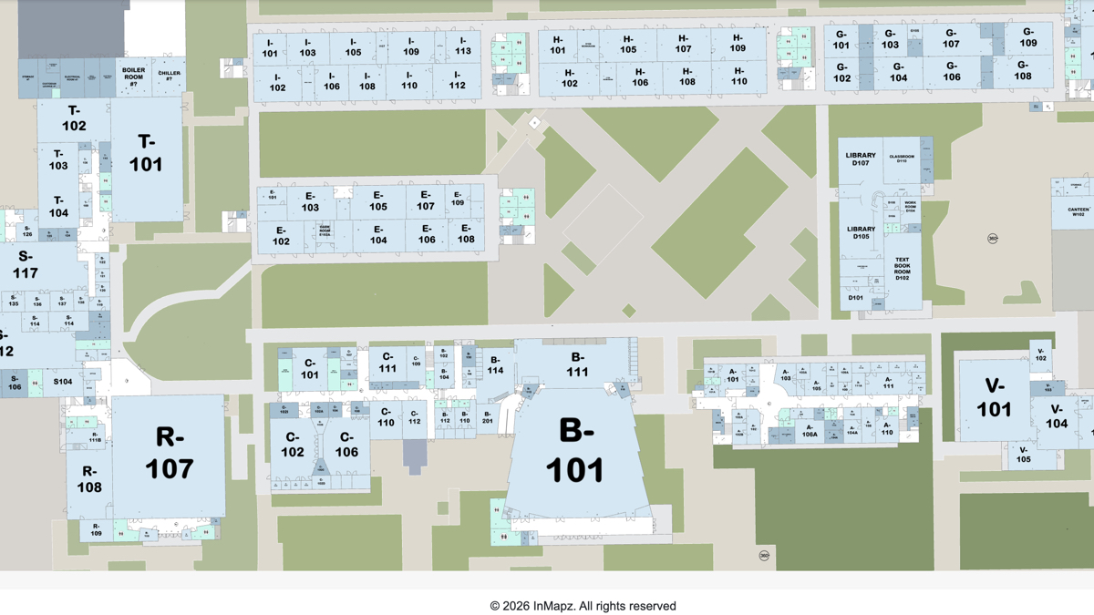 InMapz interactive campus map with labeled buildings and floor plans