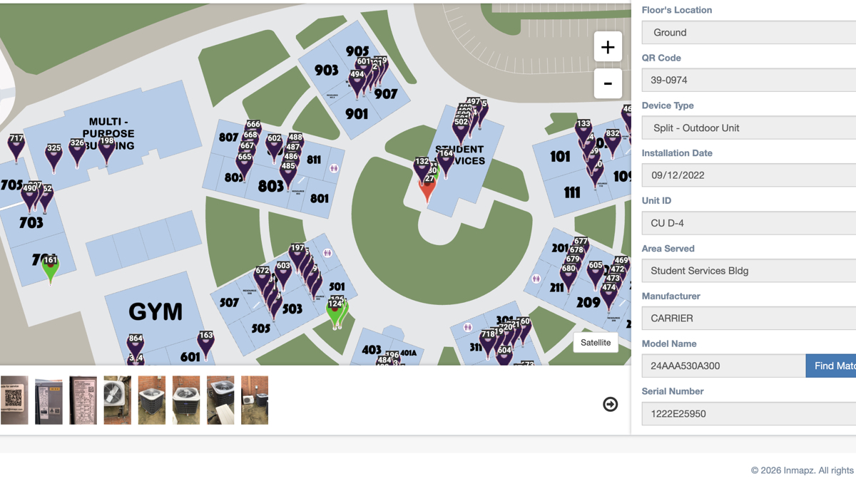 InMapz asset tracking map with device pins and detail panel