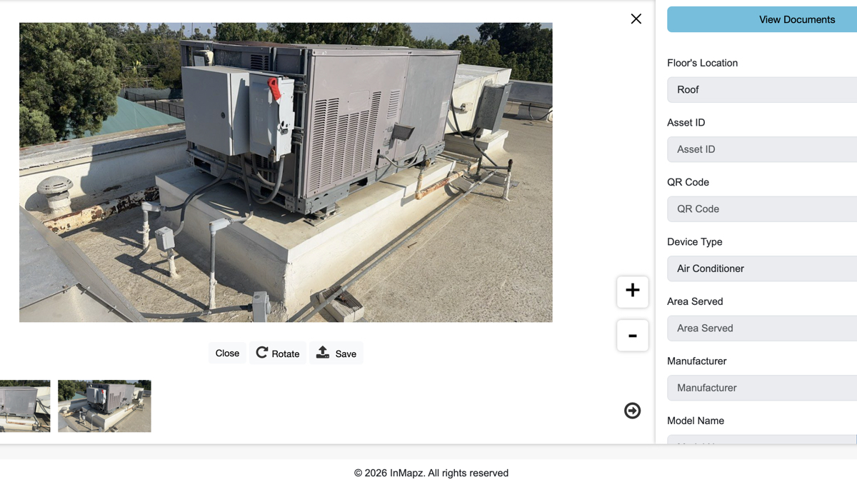 InMapz asset detail view with rooftop HVAC photo and attribute panel