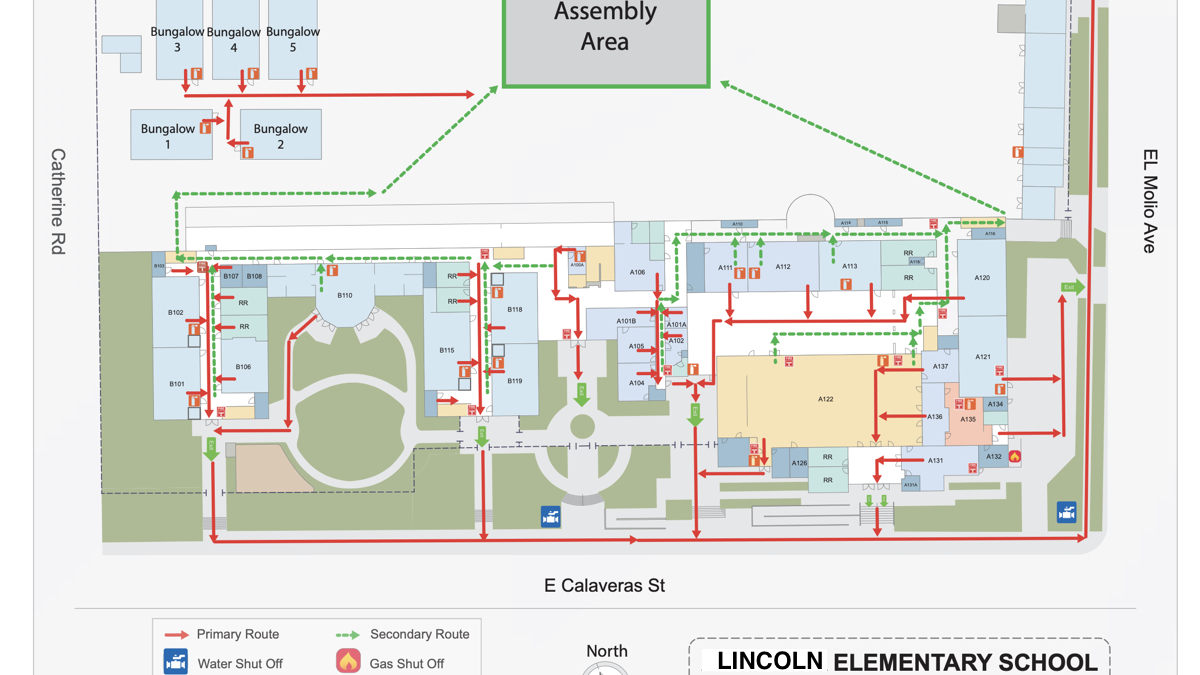 InMapz Protector evacuation map for Lincoln Elementary School showing primary and secondary routes, assembly area, and emergency shutoffs
