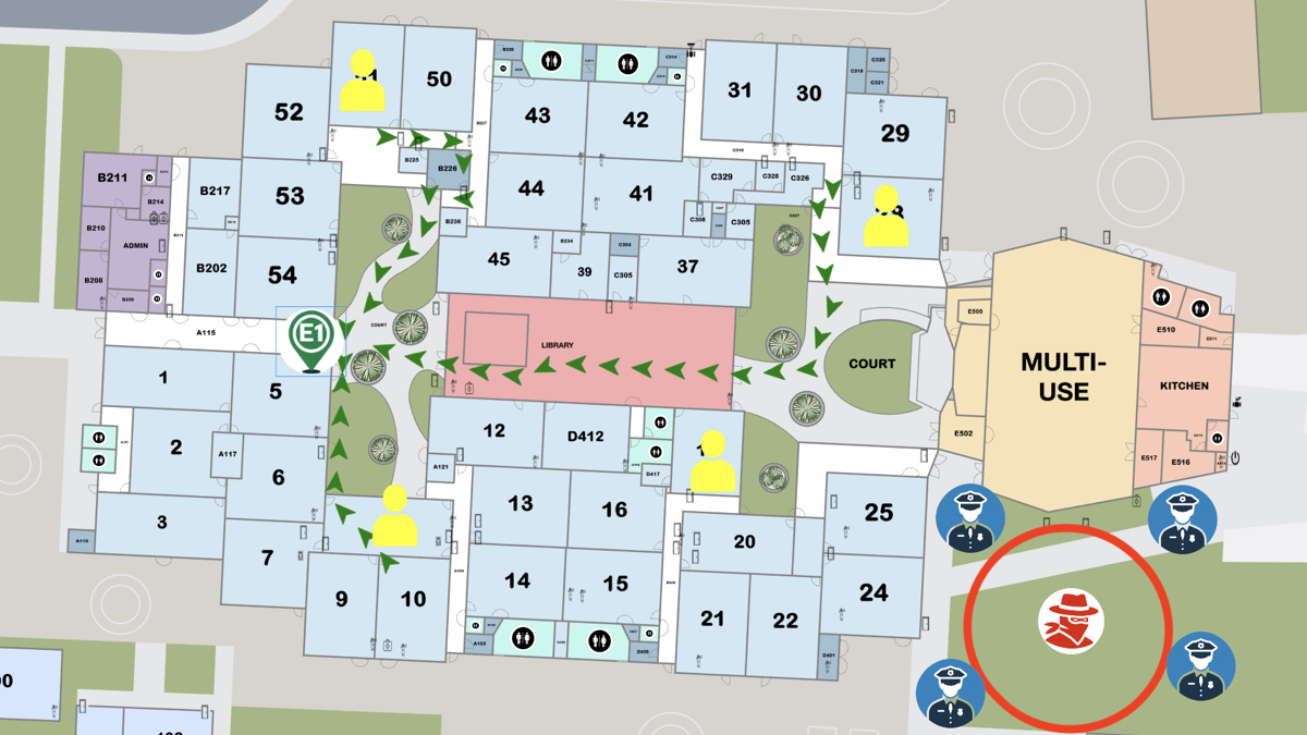 InMapz Protector active threat response map showing suspect location, staff positions, and law enforcement deployment